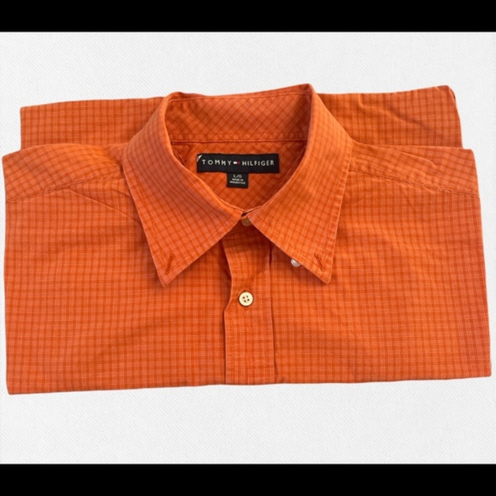 Tommy Hilfiger Button Up Shirt Men's Large Short Sleeve Orange Plaid size L